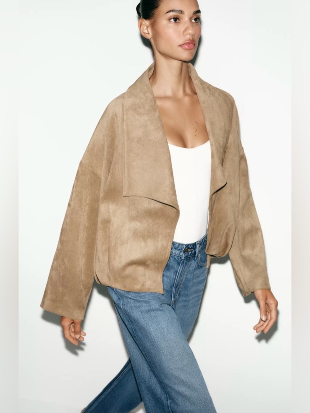 Zara Faux Suede Draped Open-Front Jacket in Tan